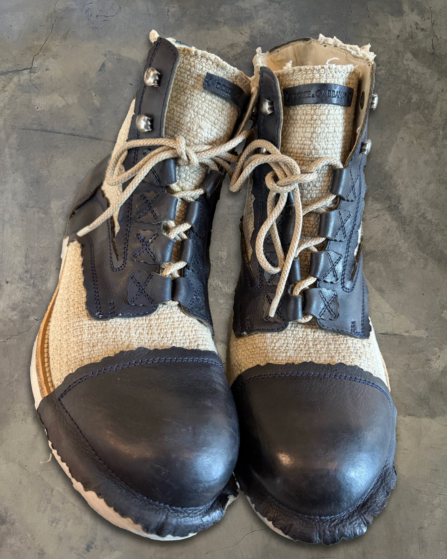 DOLCE GABBANA HYBRID LEATHER BURLAP BOOTS