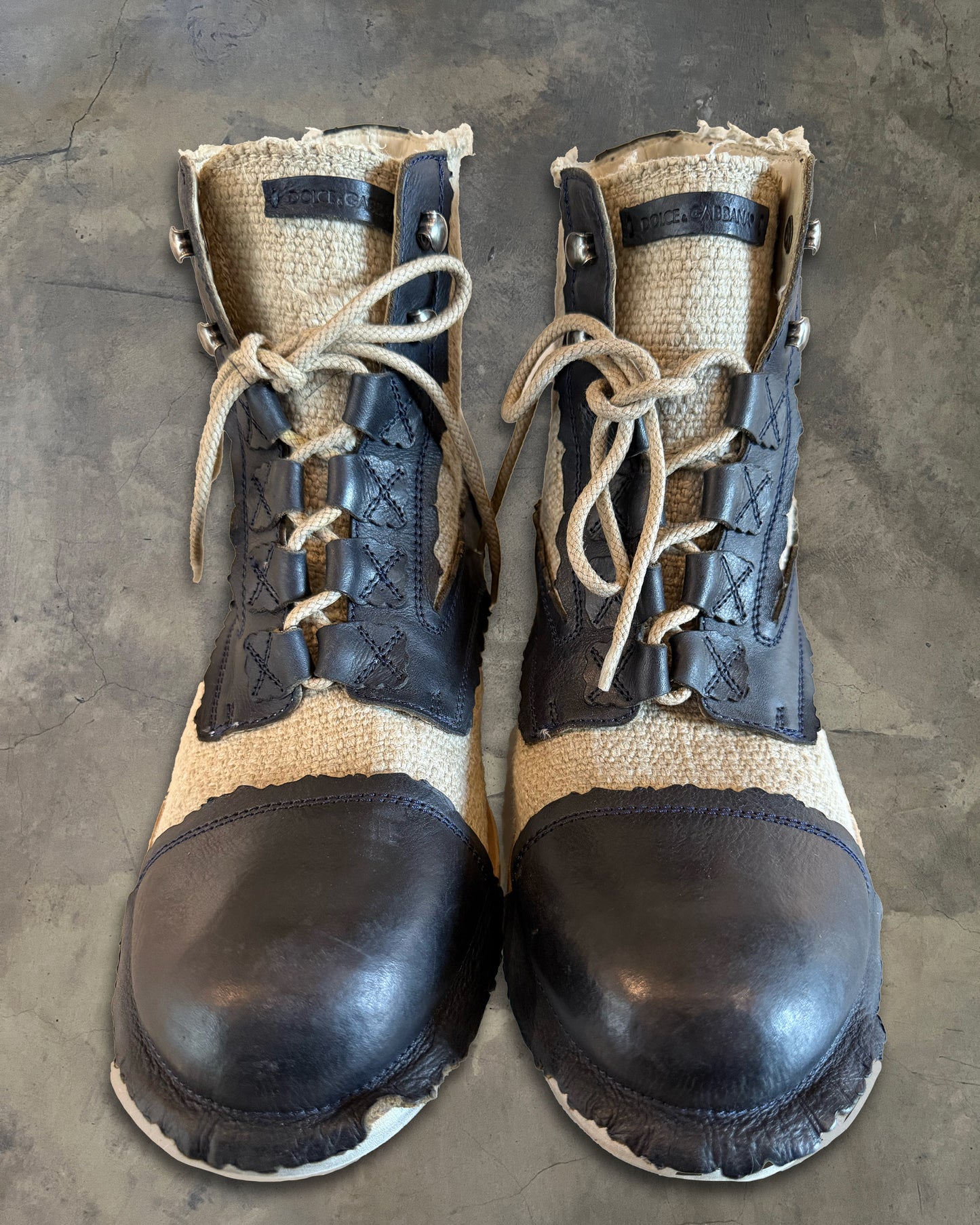 DOLCE GABBANA HYBRID LEATHER BURLAP BOOTS