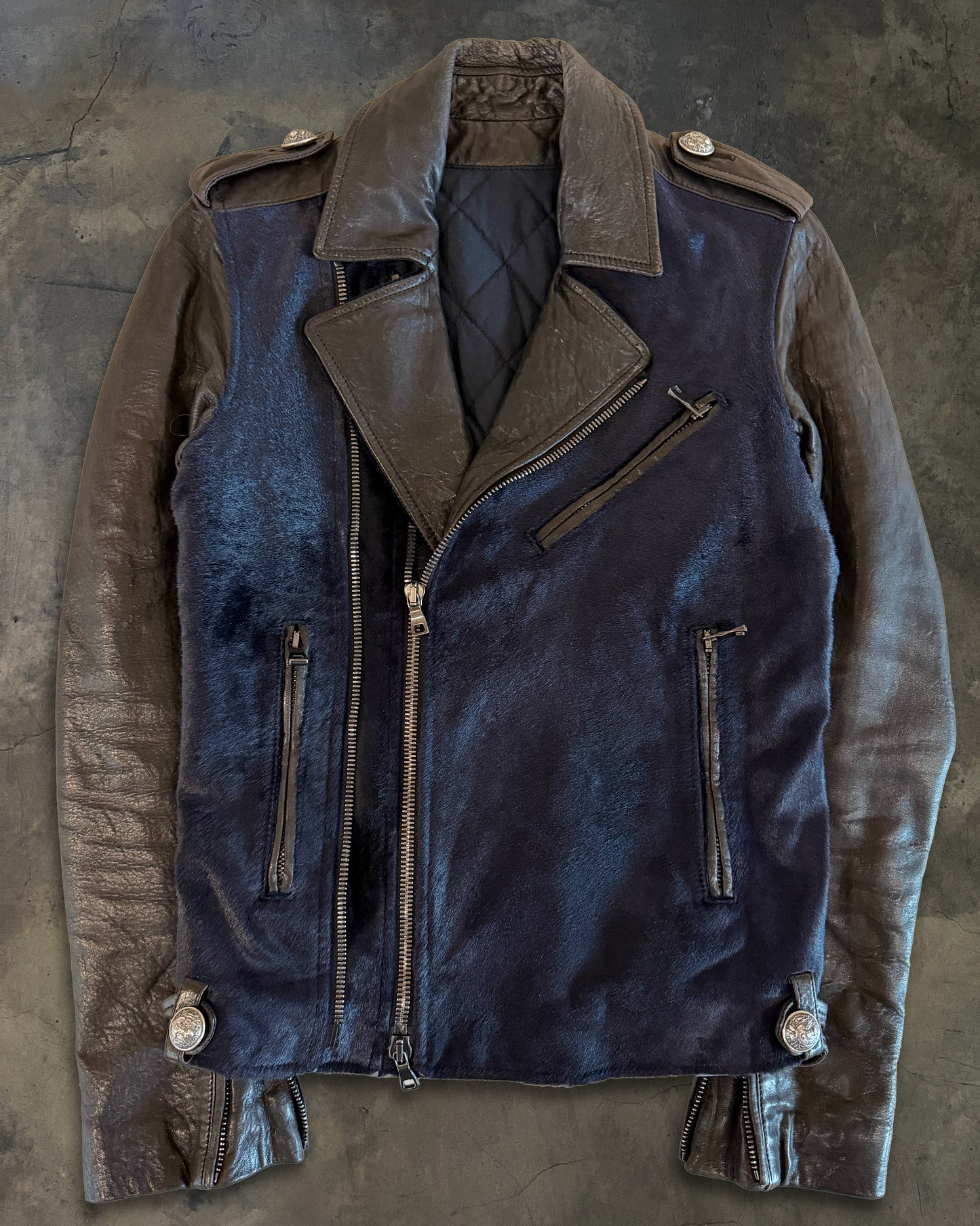 BALMAIN FW2012 MIDNIGHT BLUE CALF FUR LEATHER JACKET