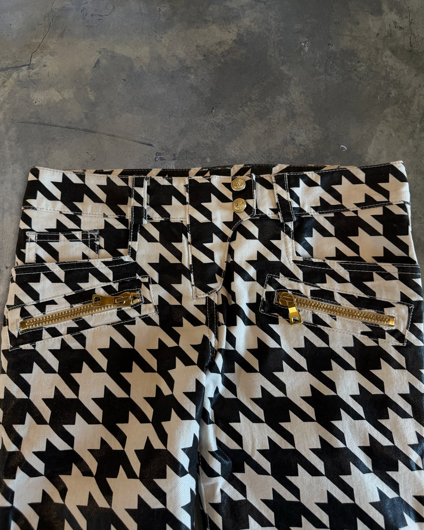 BALMAIN RESORT 2014 WAXED HOUNDSTOOTH BIKER DENIM