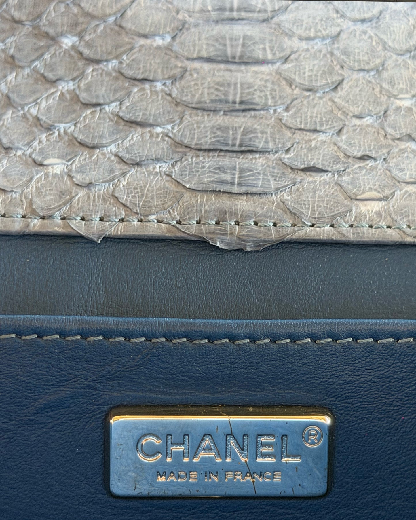 CHANEL 2012 BLUE PYTHON CLASSIC FLAP CLUTCH WITH CHAIN