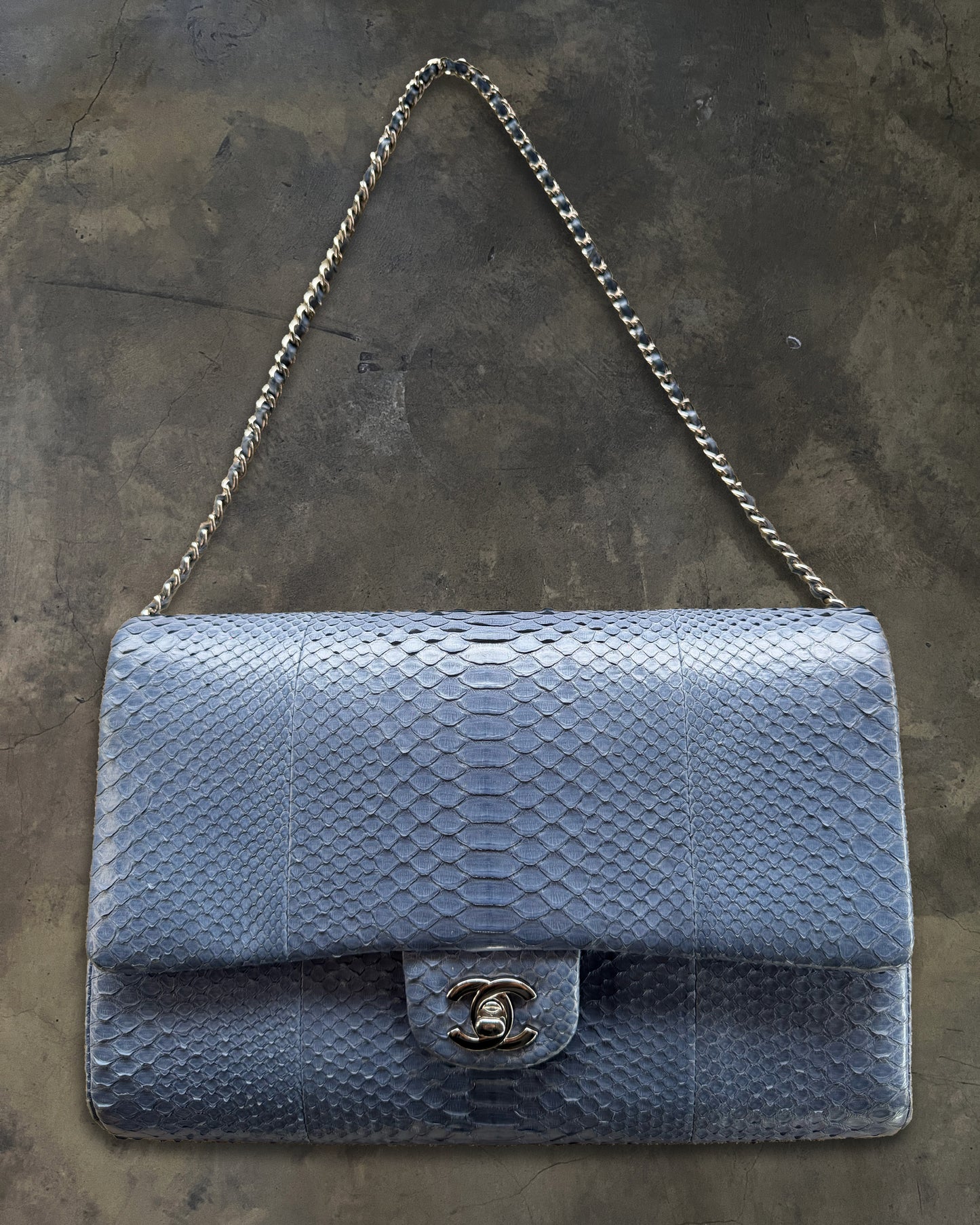 CHANEL 2012 BLUE PYTHON CLASSIC FLAP CLUTCH WITH CHAIN