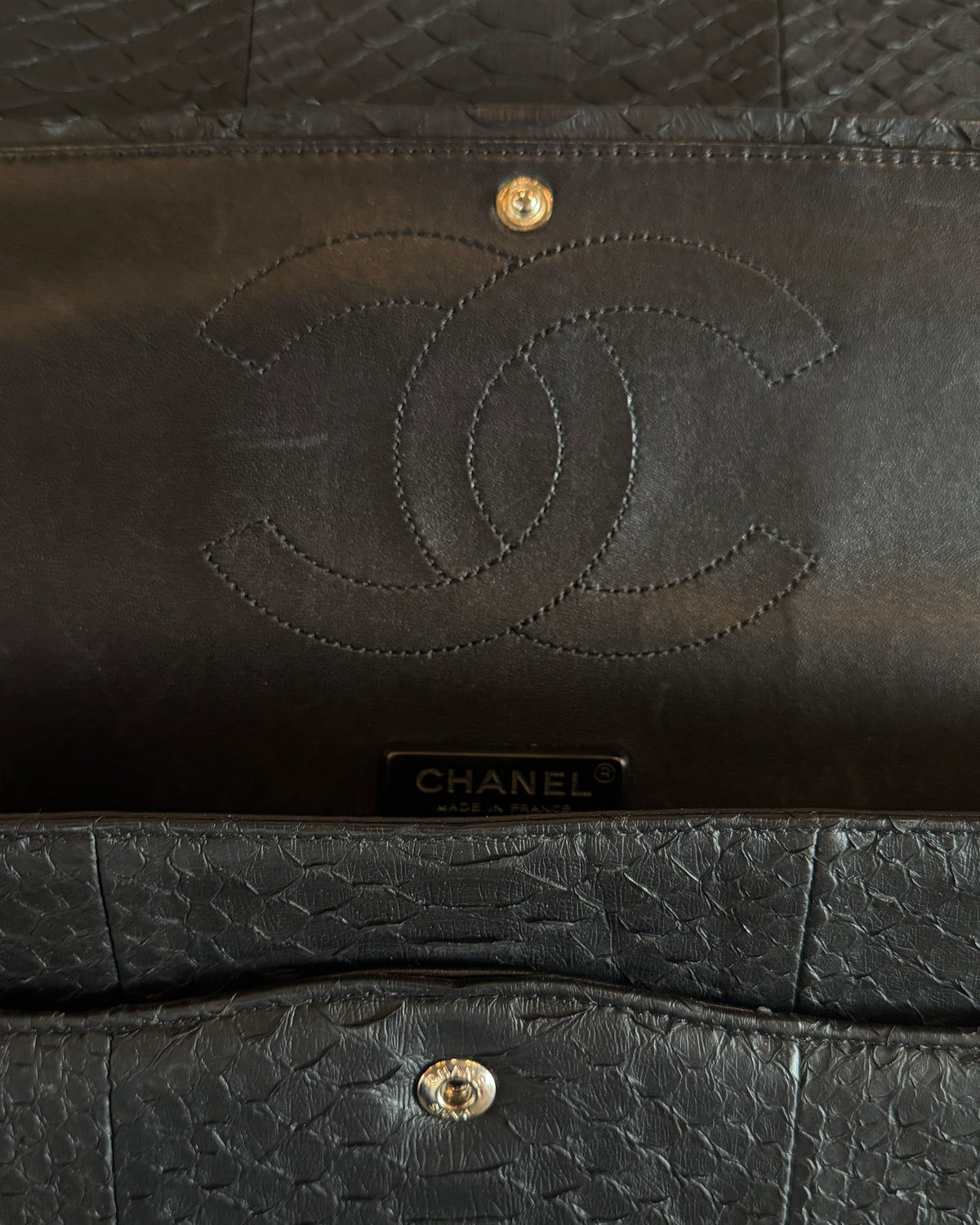 CHANEL 2011 SO BLACK PYTHON JUMBO FLAP BAG