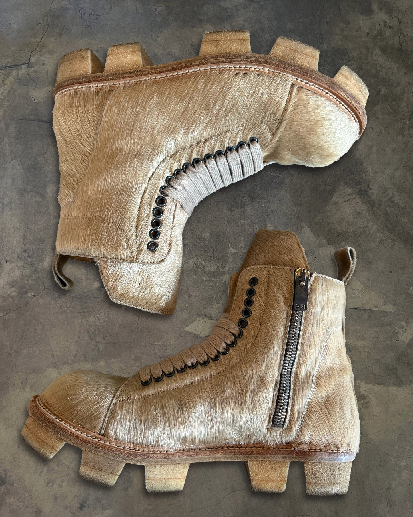 RICK OWENS FW2013 "PLINTH" PONY HAIR MEGATOOTH BOOTS