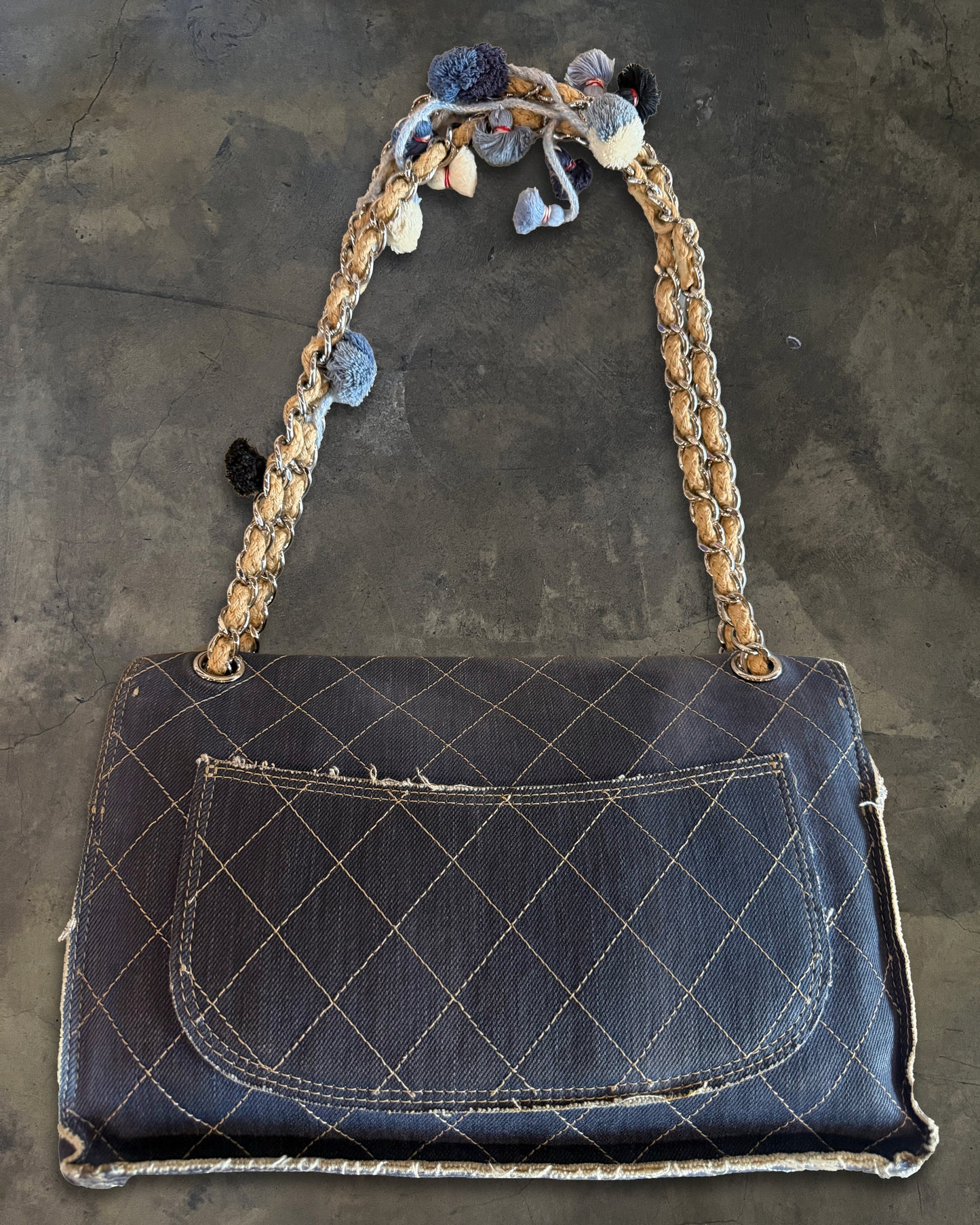 CHANEL CRUISE 2015 PARIS DUBAI MEDIUM QUILTED DENIM POM POM FLAP