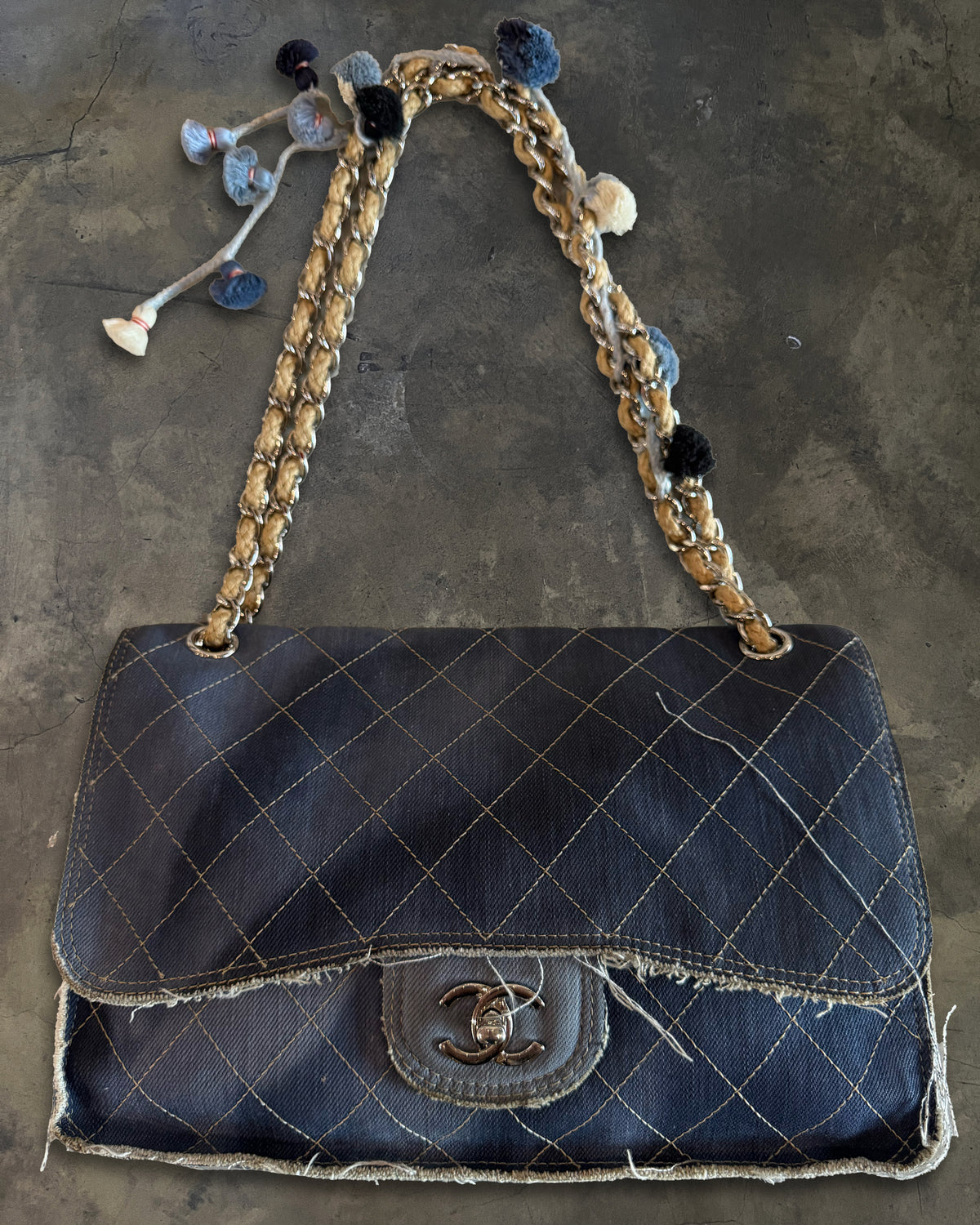 CHANEL CRUISE 2015 PARIS DUBAI MEDIUM QUILTED DENIM POM POM FLAP