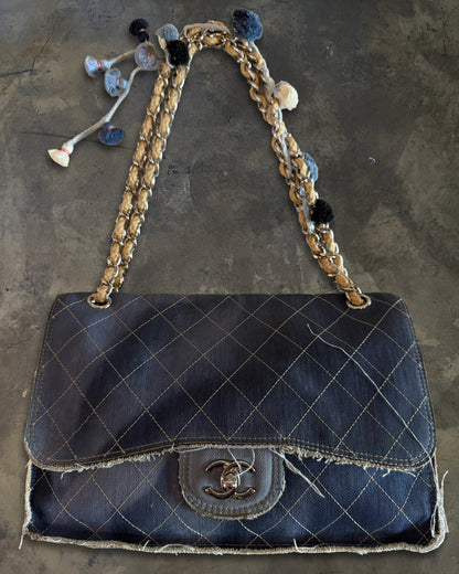 CHANEL CRUISE 2015 PARIS DUBAI MEDIUM QUILTED DENIM POM POM FLAP