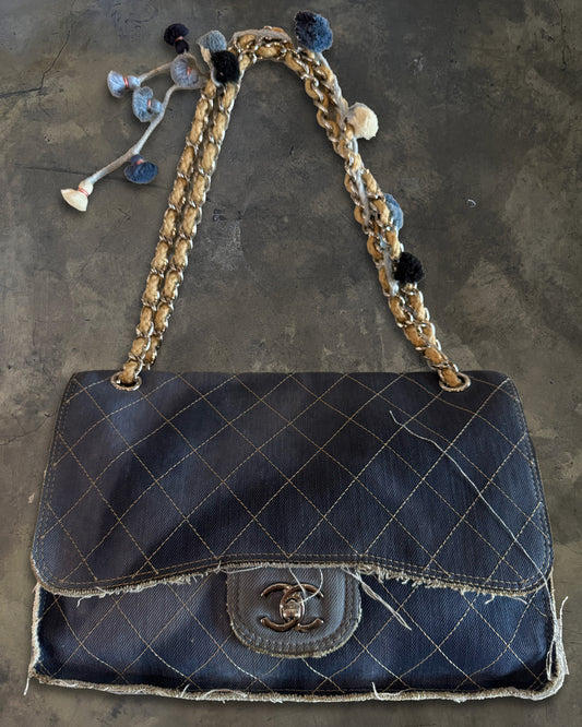 CHANEL CRUISE 2015 PARIS DUBAI MEDIUM QUILTED DENIM POM POM FLAP
