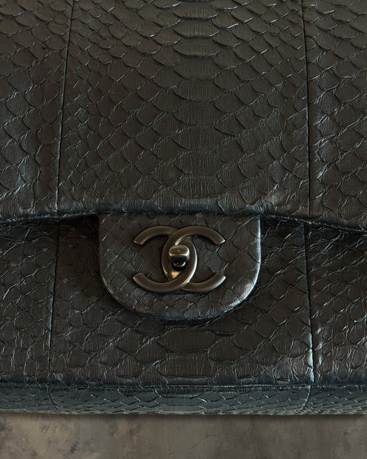 CHANEL 2011 SO BLACK PYTHON JUMBO FLAP BAG