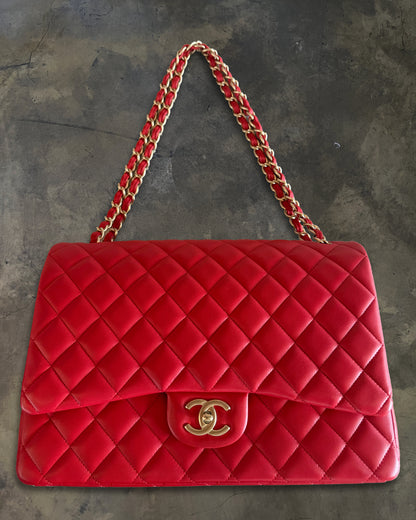 CHANEL 2013 RED QUILTED MAXI LAMBSKIN DOUBLE FLAP