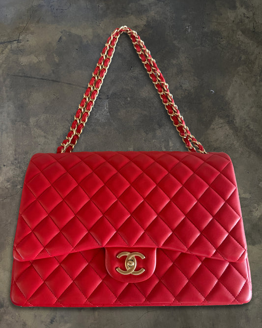 CHANEL 2013 RED QUILTED MAXI LAMBSKIN DOUBLE FLAP