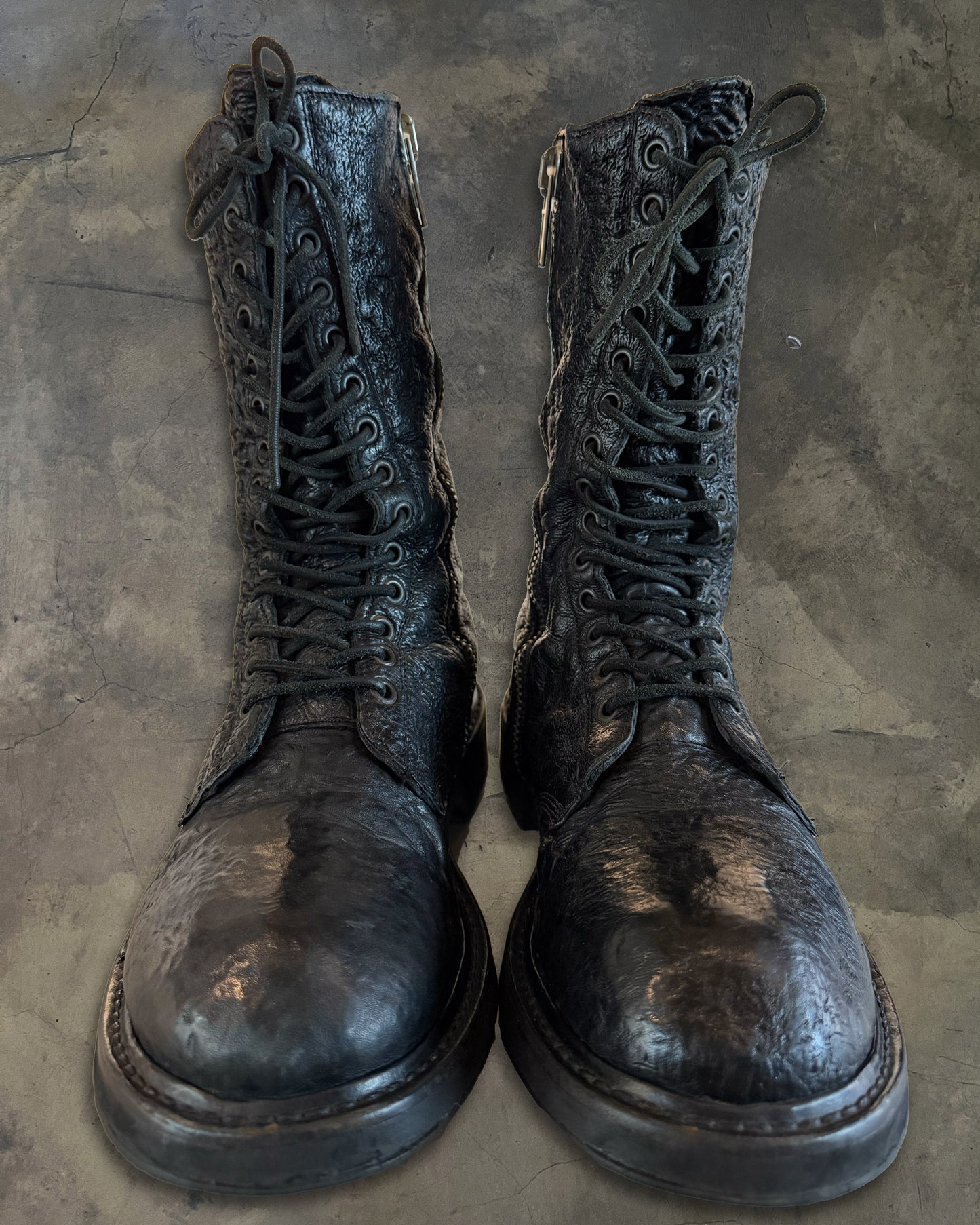 RICK OWENS AW2009 "CRUST" CRINKLED SHARK LEATHER COMBAT BOOTS