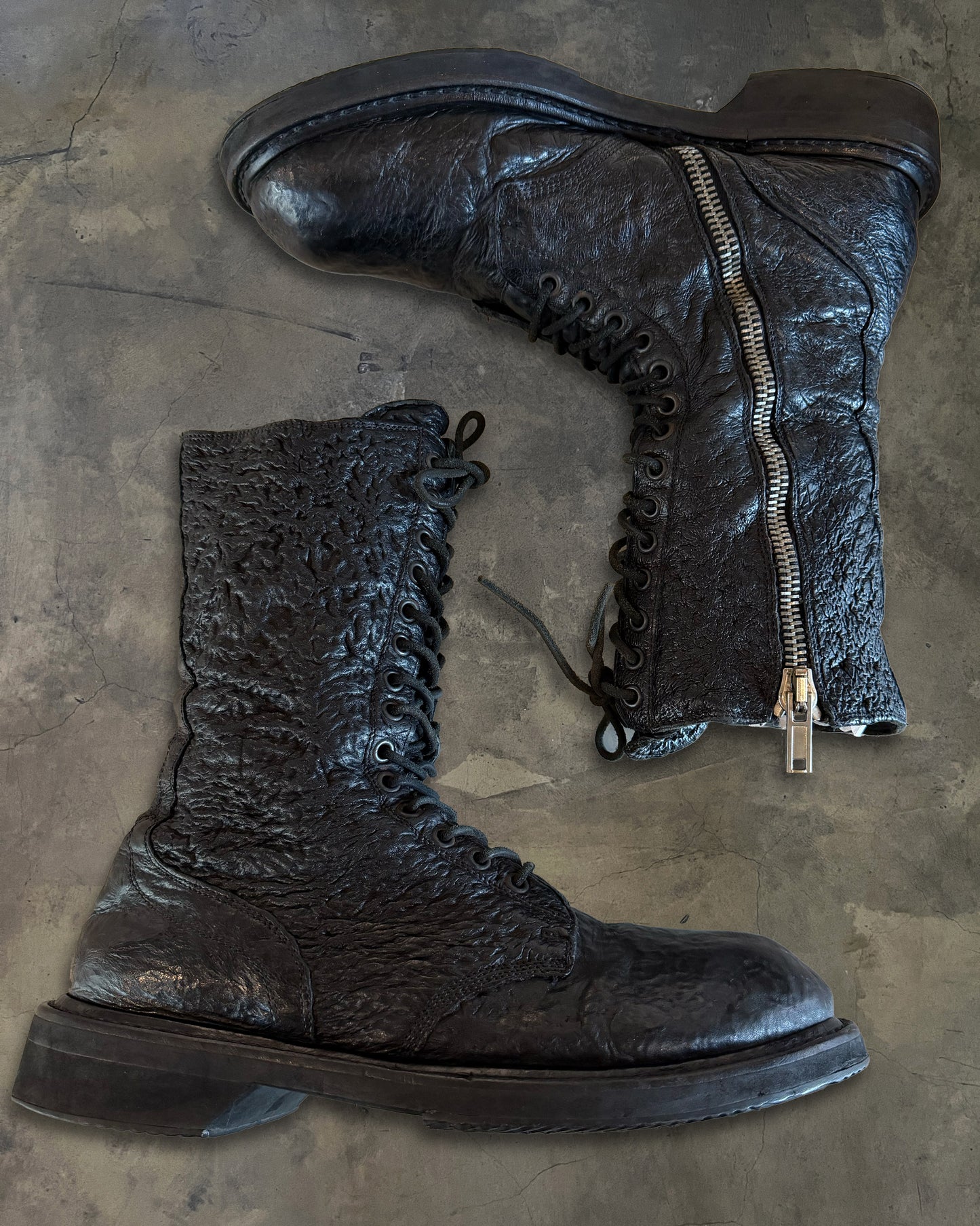 RICK OWENS AW2009 "CRUST" CRINKLED SHARK LEATHER COMBAT BOOTS