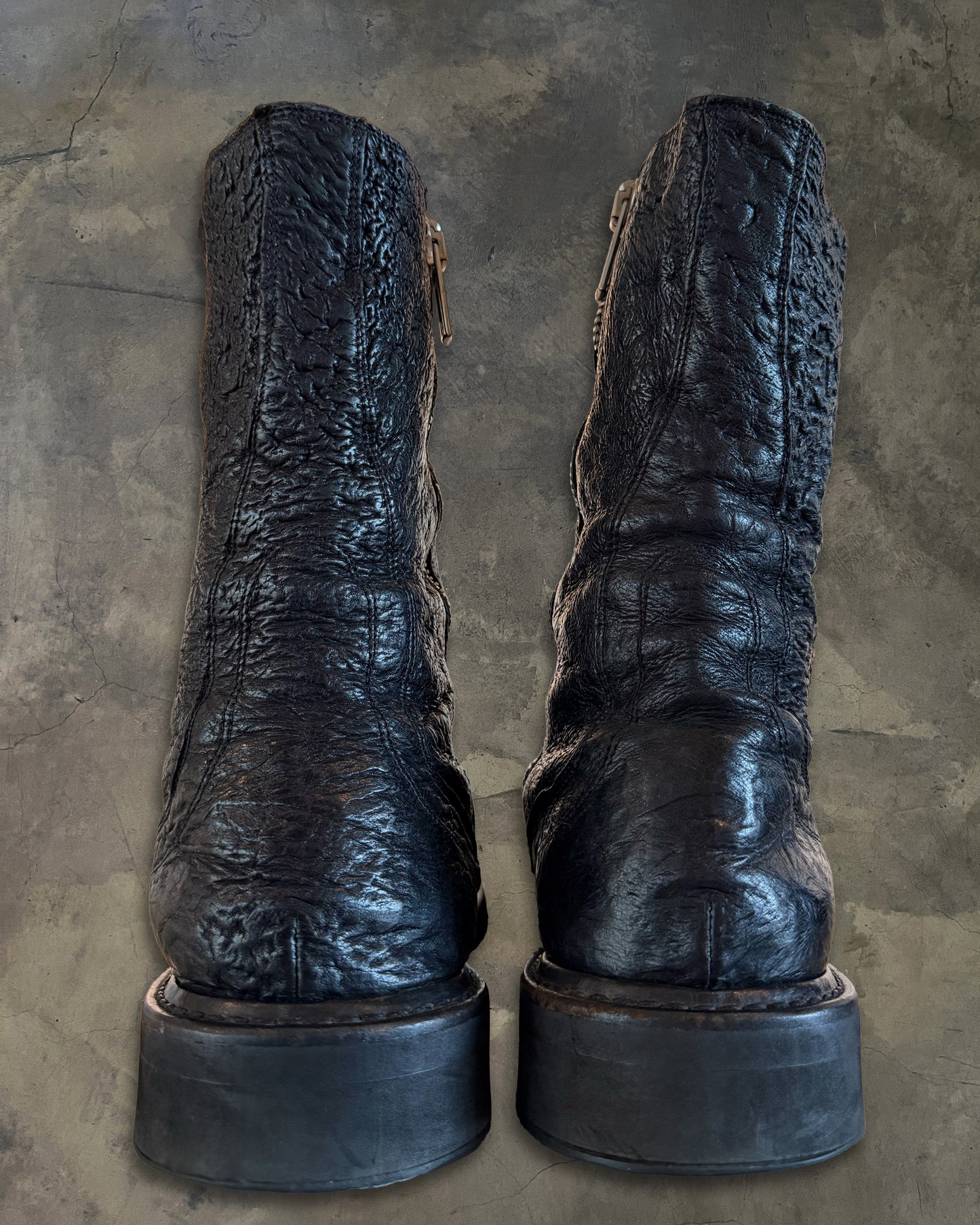 RICK OWENS AW2009 "CRUST" CRINKLED SHARK LEATHER COMBAT BOOTS