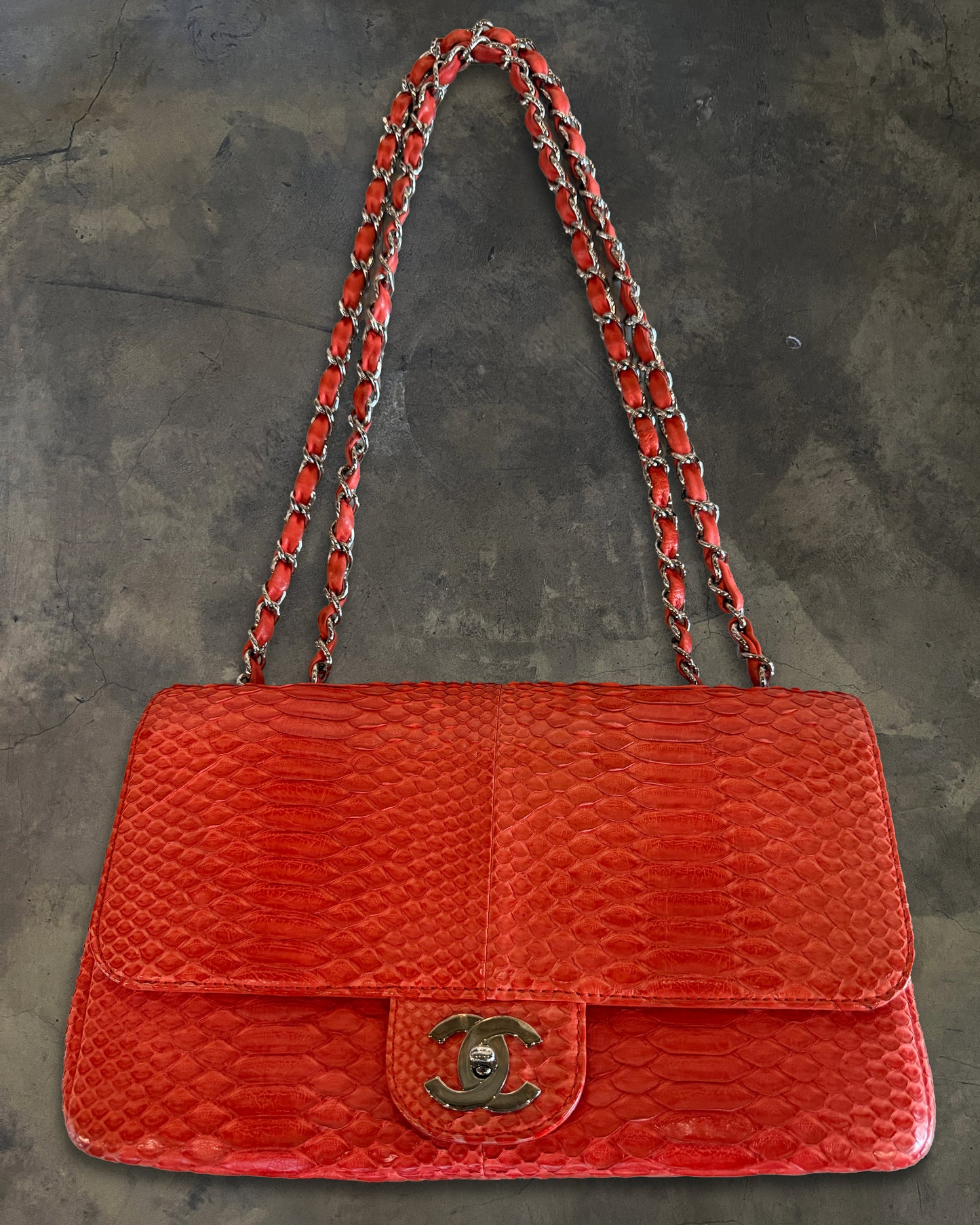 CHANEL 2006 RED PYTHON JUMBO FLAP BAG