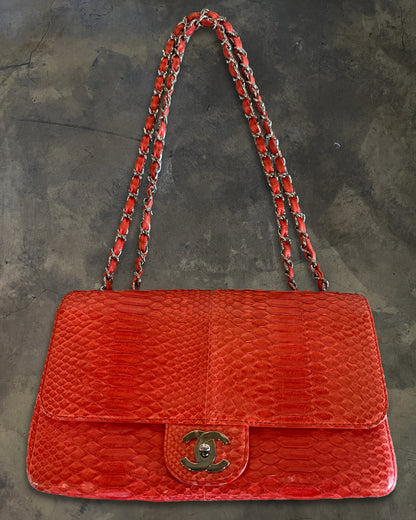CHANEL 2006 RED PYTHON JUMBO FLAP BAG