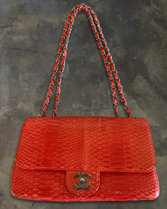 CHANEL 2006 RED PYTHON JUMBO FLAP BAG