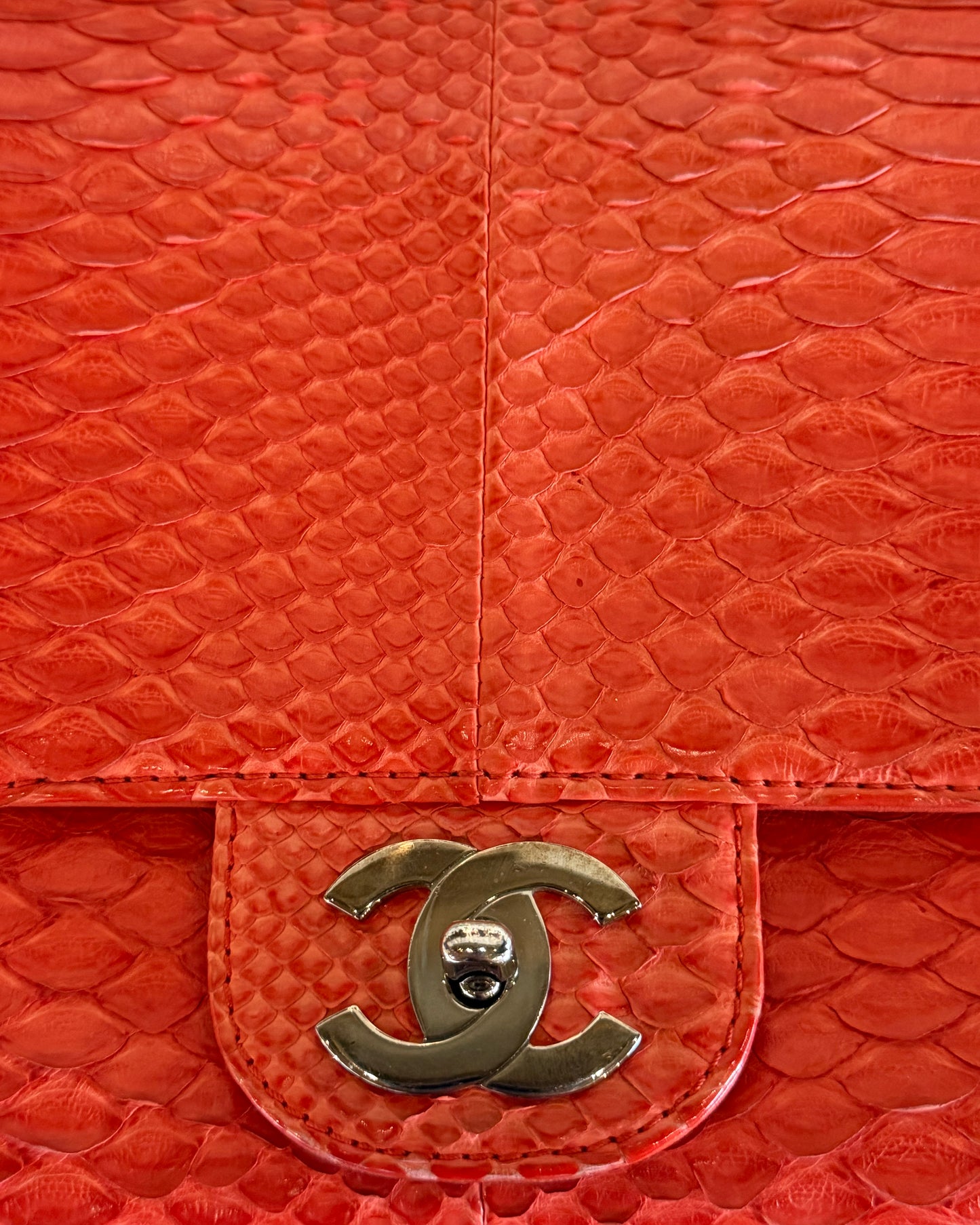 CHANEL 2006 RED PYTHON JUMBO FLAP BAG
