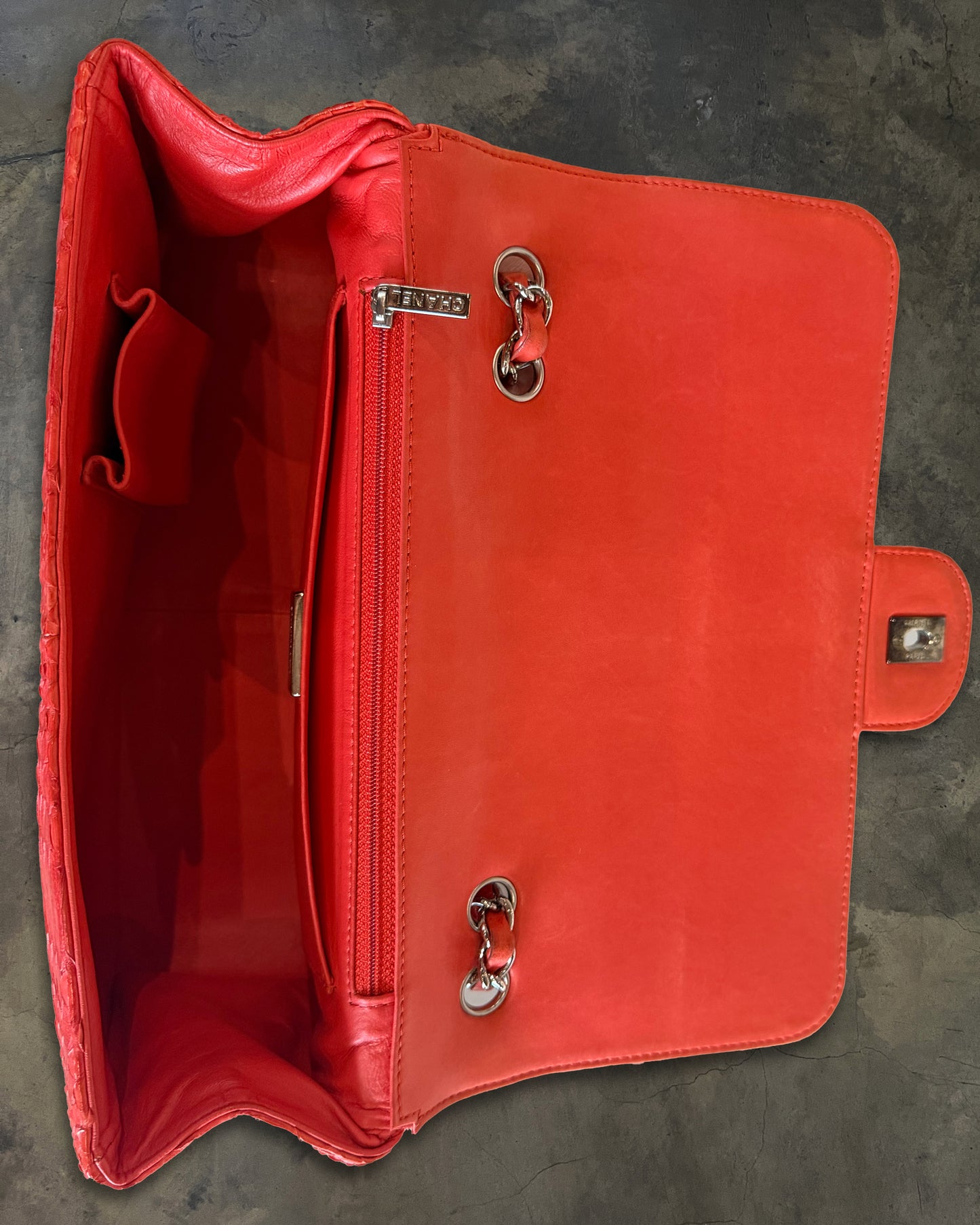 CHANEL 2006 RED PYTHON JUMBO FLAP BAG