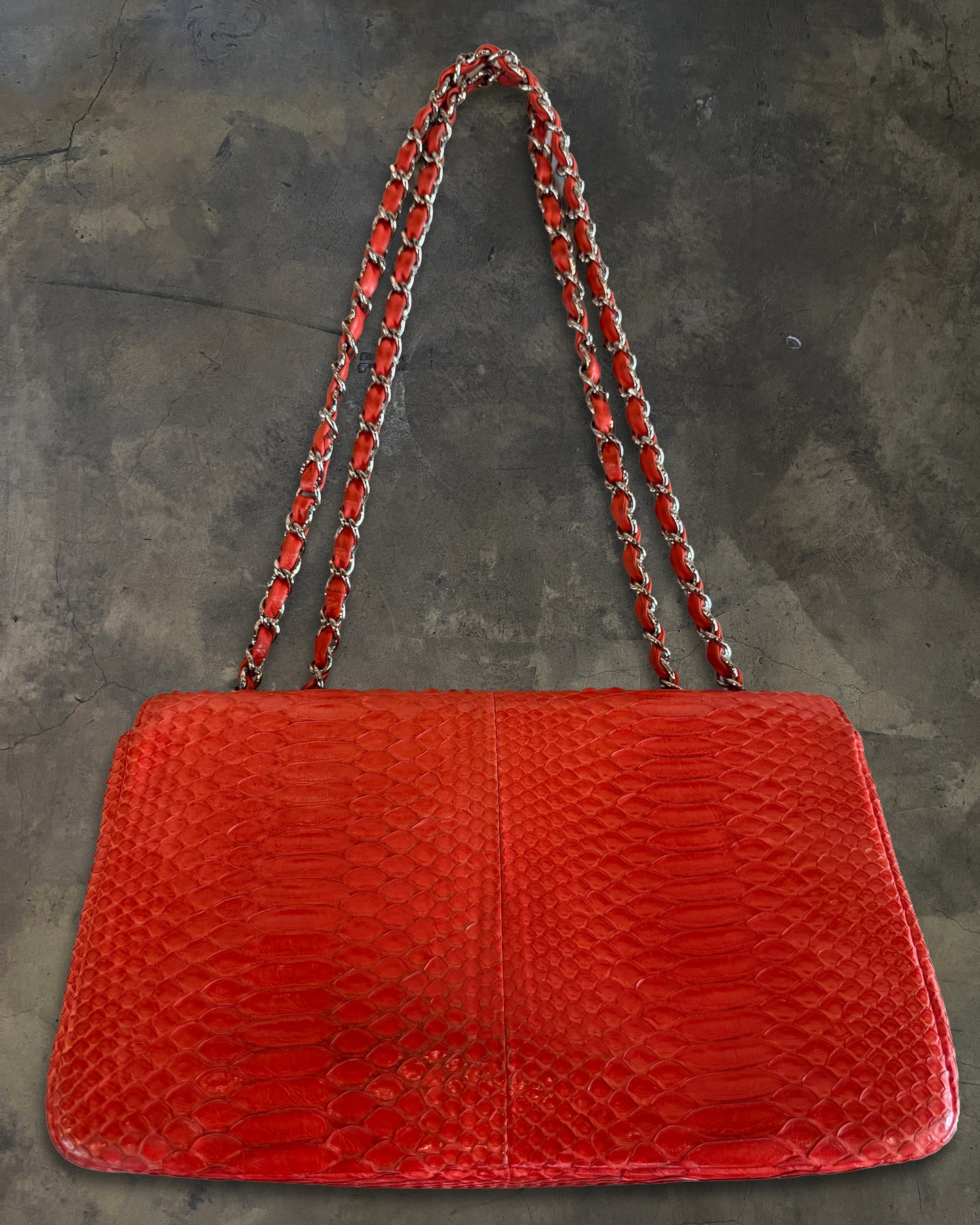 CHANEL 2006 RED PYTHON JUMBO FLAP BAG