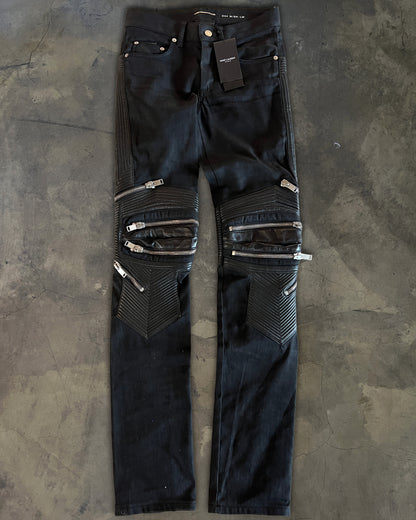 SAINT LAURENT SS2014 D04 LEATHER KNEE EMBELLISHMENTS BIKER DENIM