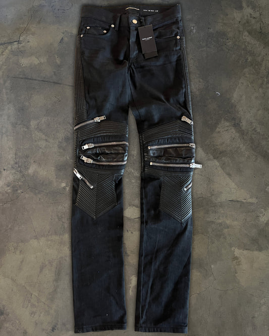 SAINT LAURENT SS2014 D04 LEATHER KNEE EMBELLISHMENTS BIKER DENIM