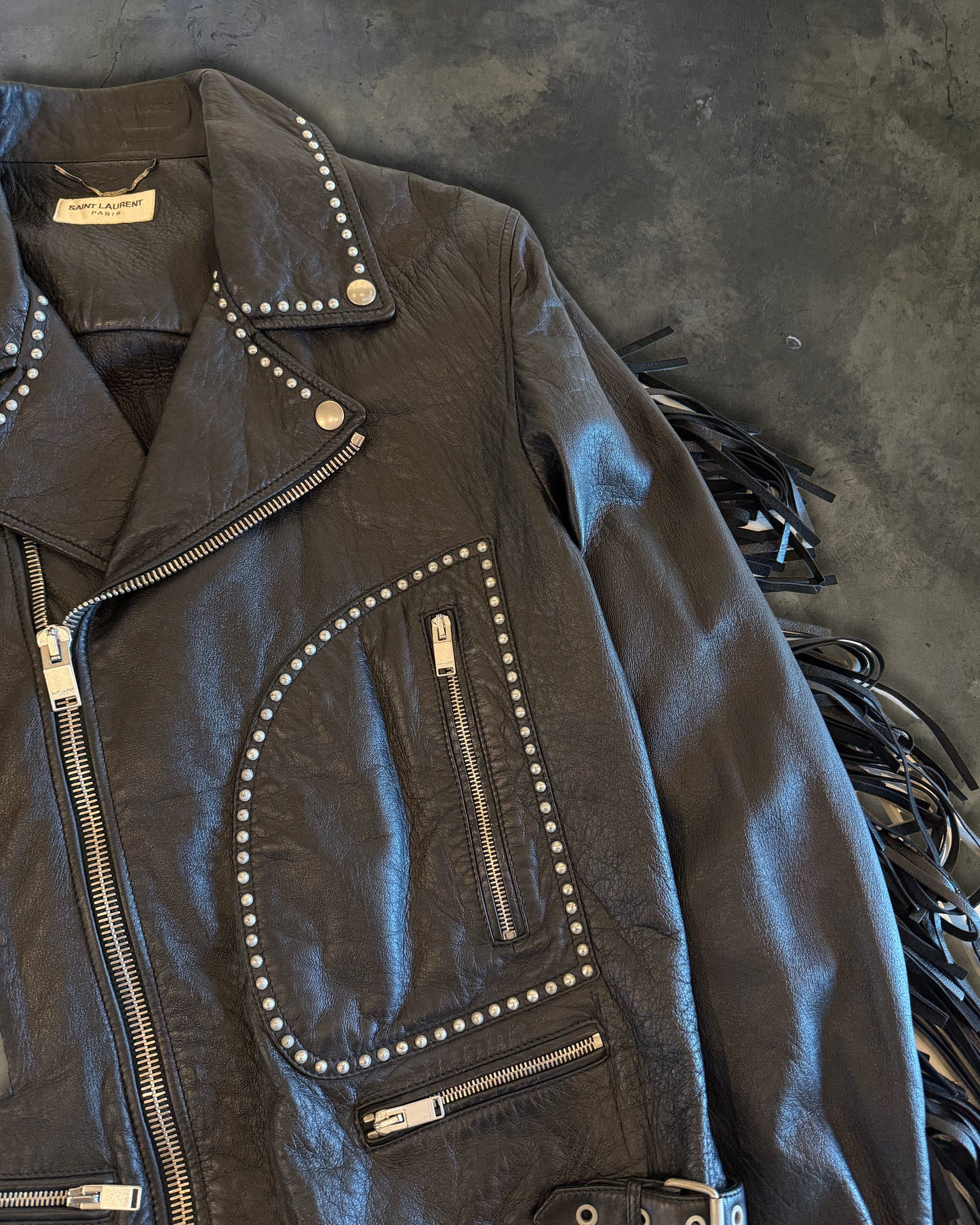 SAINT LAURENT SS2016 "SURF SOUNDS" LEATHER FRINGE JACKET