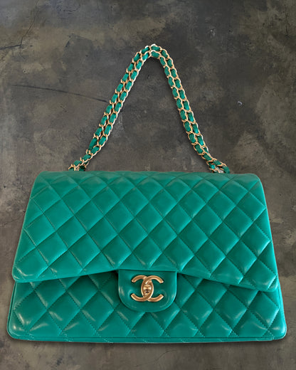 CHANEL 2012 MENTHE QUILTED MAXI LAMBSKIN DOUBLE FLAP