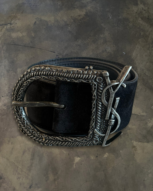 SAINT LAURENT SILVER YSL WESTERN SUEDE BELT